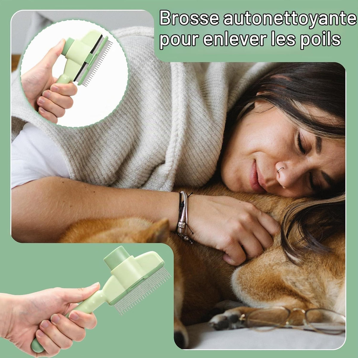 Lot de 2 brosses autonettoyantes pour chiens et chats - Poils courts et longs